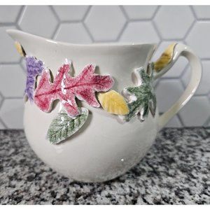 Vintage Ceramic Pitcher With Hand Painted Applied Leaves 5" x 7"